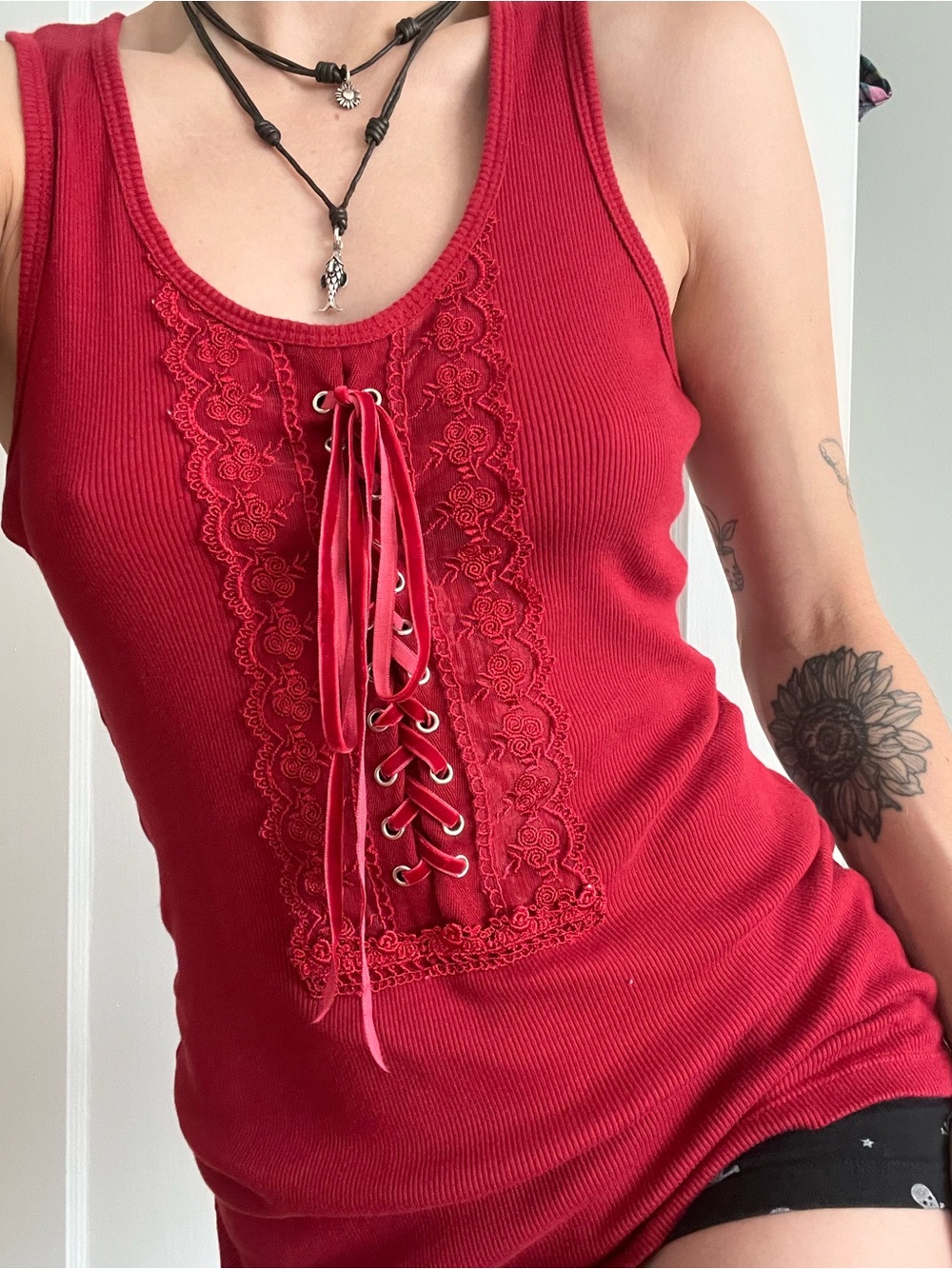 Bisou Bisou Red Lace-Up Ribbed Tank